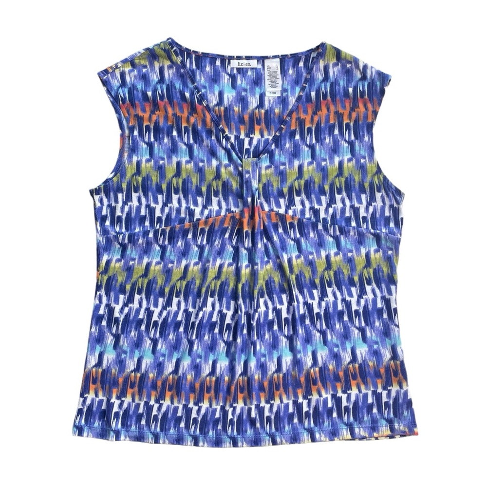 Liz & Co Pleat Front T-Shirt Top V-neck Colorful Tee Sleeveless Blouse Size L